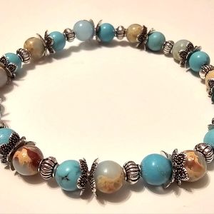 Beaded bracelet with real blue turquoise and shou shan jasper gemstones
